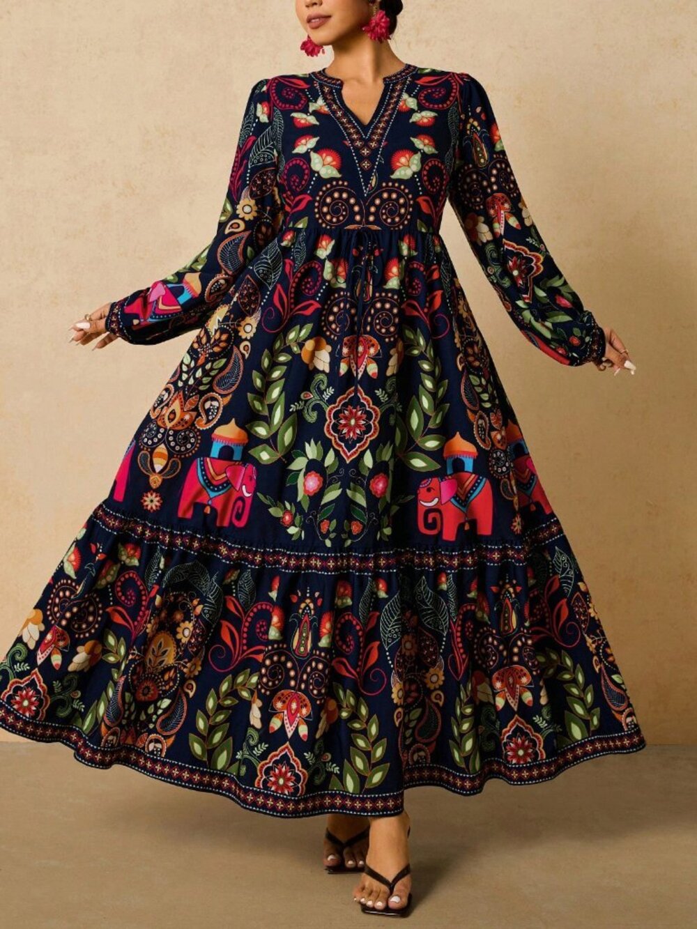 Boho Women's Navy Blue Plus Size Floral Long Sleeve maxi Dress - Picture 3 of 7